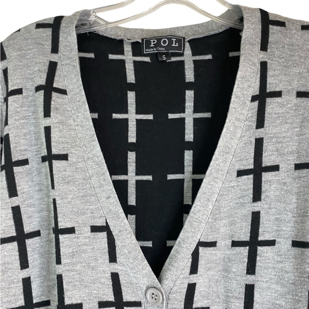 POL V‑Neck Gray Black Cross Pattern Cardigan Fall Casual S 100% Cotton - Picture 3 of 8
